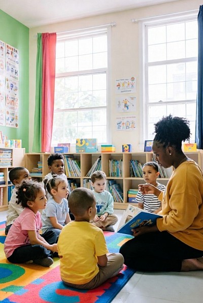 Imagine a bright early learning space where young children sit in a circle while an educator reads an illustrated storybook. Learning materials such as phonics cards, puppets, letter blocks, and art supplies surround the children. The environment encourages curiosity, creativity, and language exploration in a safe and joyful setting.